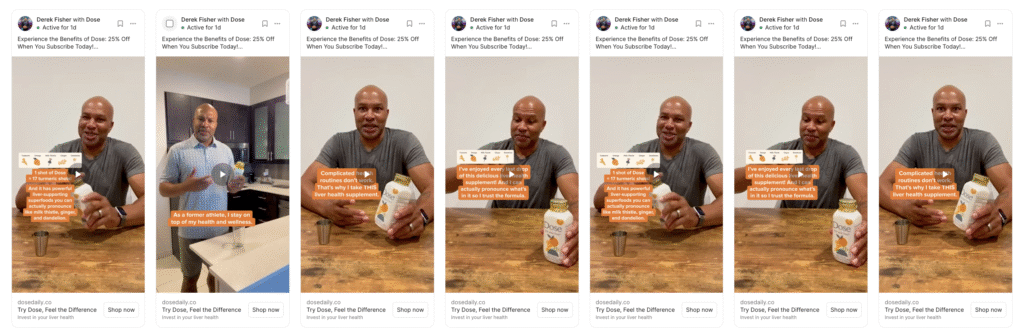 Screenshot of Dose testing multiple UGC videos for Facebook ads in 2025.